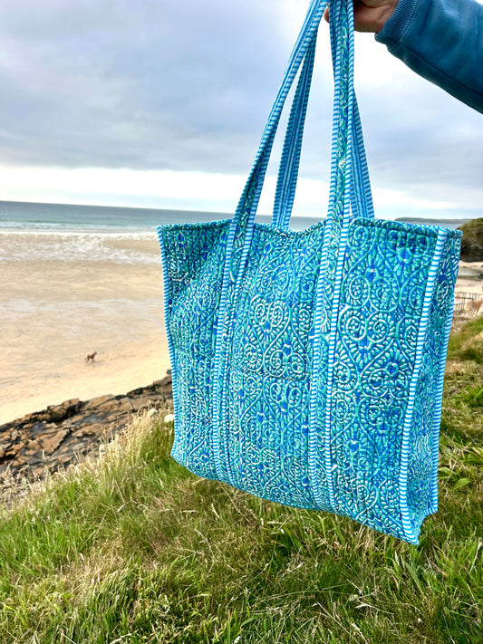 Blue batik beach bag